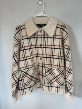 CHARLIE B Cream Plaid Jacket with Brown & Black Trim Size Medium
